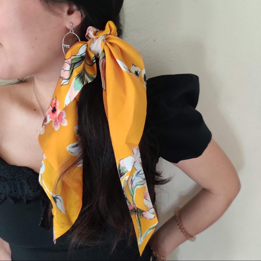 Yellow Floral Satin Long Hair Tie